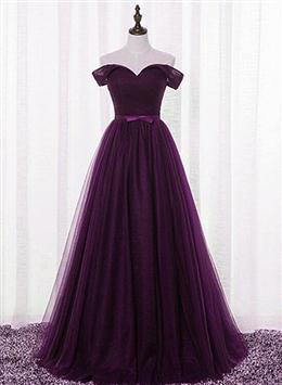 Picture of Lovely Dark Purple Tulle V-neckline Prom Dresses , Long Bridesmaid Dresses